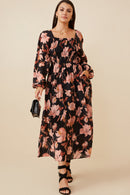 HY6516 Black Womens Romantic Floral Square Neck Peasant Smocked Dress Full Body