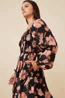 HY6516W BLACK Plus Romantic Floral Square Neck Peasant Smocked Dress Full Body 2