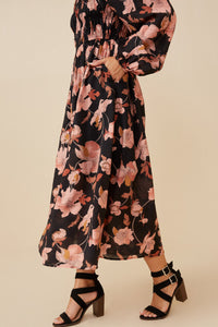 HY6516W BLACK Plus Romantic Floral Square Neck Peasant Smocked Dress Side