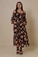 HY6516W BLACK Plus Romantic Floral Square Neck Peasant Smocked Dress Gif