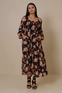 HY6516W BLACK Plus Romantic Floral Square Neck Peasant Smocked Dress Gif