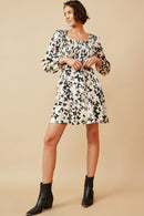 HY6518 CREAM Womens Butterfly Print Smocked Satin Dress With Belt Full Body