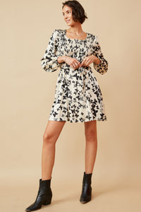 HY6518 CREAM Womens Butterfly Print Smocked Satin Dress With Belt Full Body