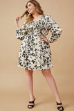 HY6518W CREAM Plus Butterfly Print Smocked Satin Dress With Belt Front