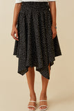 HY6521 BLACK Womens Textured Polka Dot Smocked Waist Handkerchief Hem Skirt Front
