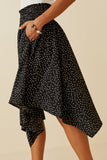 HY6521 BLACK Womens Textured Polka Dot Smocked Waist Handkerchief Hem Skirt Back