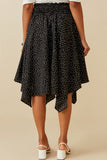 HY6521 BLACK Womens Textured Polka Dot Smocked Waist Handkerchief Hem Skirt Full Body