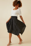 HY6521W Black Plus Textured Polka Dot Smocked Waist Handkerchief Hem Skirt Front