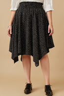 HY6521W Black Plus Textured Polka Dot Smocked Waist Handkerchief Hem Skirt Front