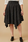 HY6521W Black Plus Textured Polka Dot Smocked Waist Handkerchief Hem Skirt Front