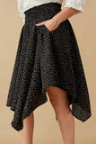 HY6521W Black Plus Textured Polka Dot Smocked Waist Handkerchief Hem Skirt Gif