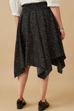 HY6521W Black Plus Textured Polka Dot Smocked Waist Handkerchief Hem Skirt Side