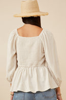 HY6522W Oatmeal Plus Linen Blend Smocked Back Peplum Top Back
