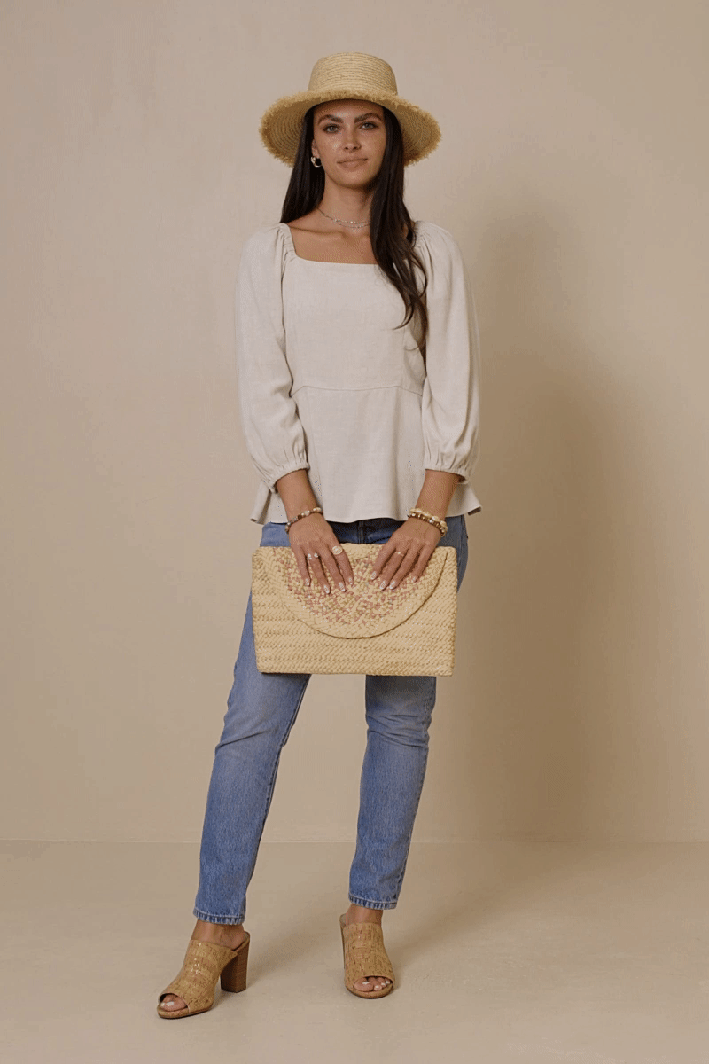 HY6522W Oatmeal Plus Linen Blend Smocked Back Peplum Top Gif