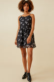 HY6523W Black Womens Smock Detail Butterfly Print Chiffon Dress Front