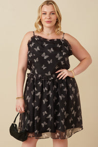 HY6523W Black Plus Smock Detail Butterfly Print Chiffon Dress Front
