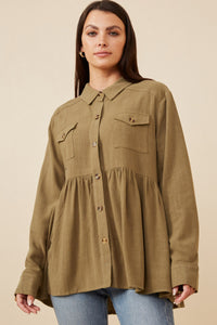 HY6540W Taupe Plus Linen Blend Peplum Button Up Shirt Front
