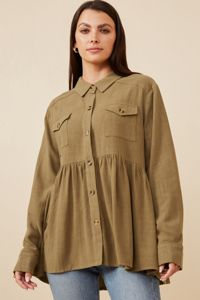 Linen Blend Peplum Button Up Shirt