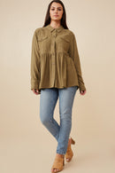 HY6540 TAUPE Womens Linen Blend Peplum Button Up Shirt Side