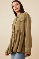 HY6540 TAUPE Womens Linen Blend Peplum Button Up Shirt Back