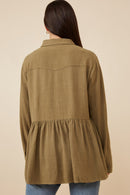 HY6540W Taupe Plus Linen Blend Peplum Button Up Shirt Front