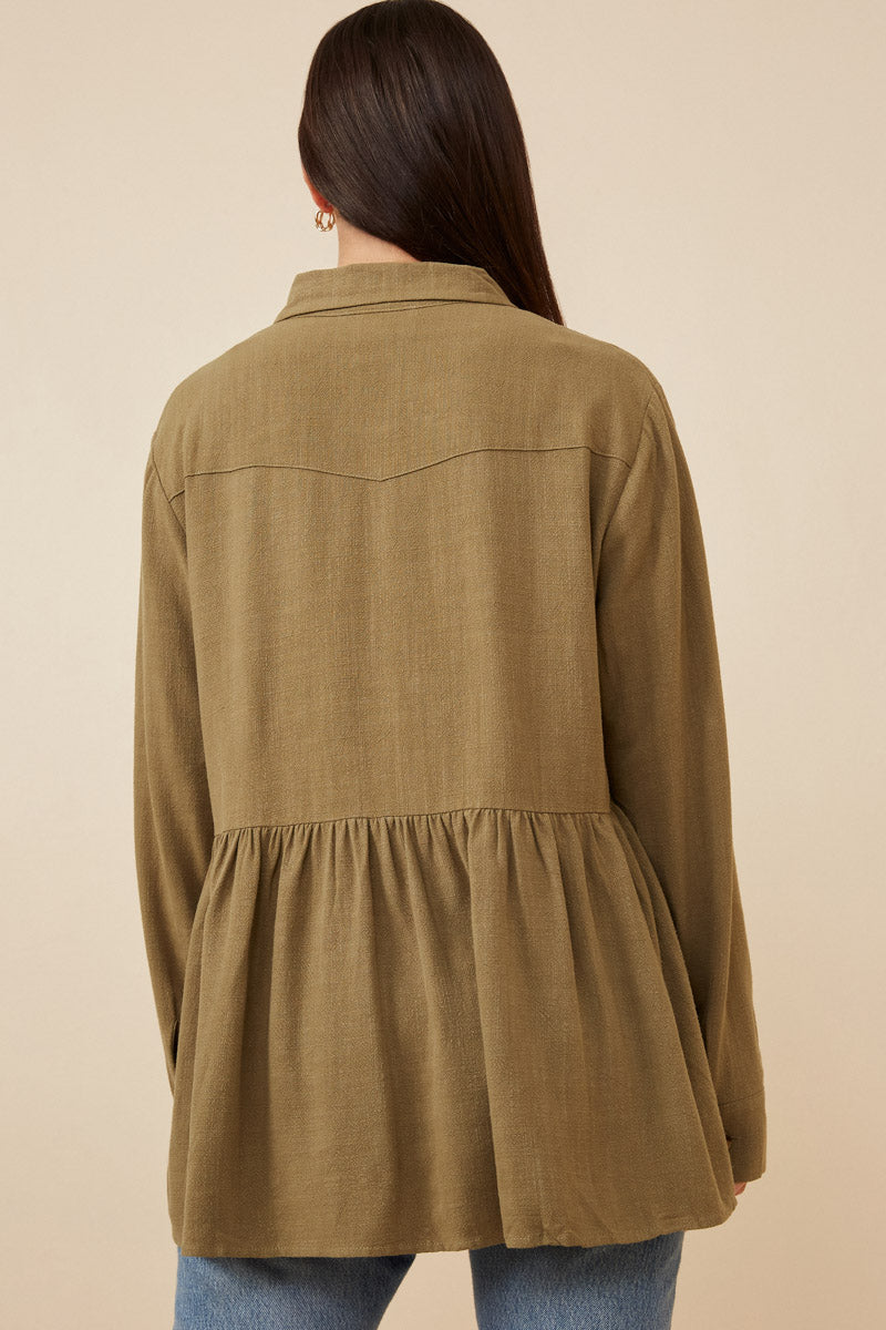 HY6540W Taupe Plus Linen Blend Peplum Button Up Shirt Front