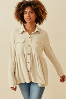 HY6540 Olive Womens Linen Blend Peplum Button Up Shirt Front