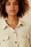 HY6540 Olive Womens Linen Blend Peplum Button Up Shirt Full Body