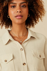 HY6540 Olive Womens Linen Blend Peplum Button Up Shirt Full Body