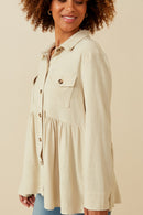 HY6540 Olive Womens Linen Blend Peplum Button Up Shirt Side