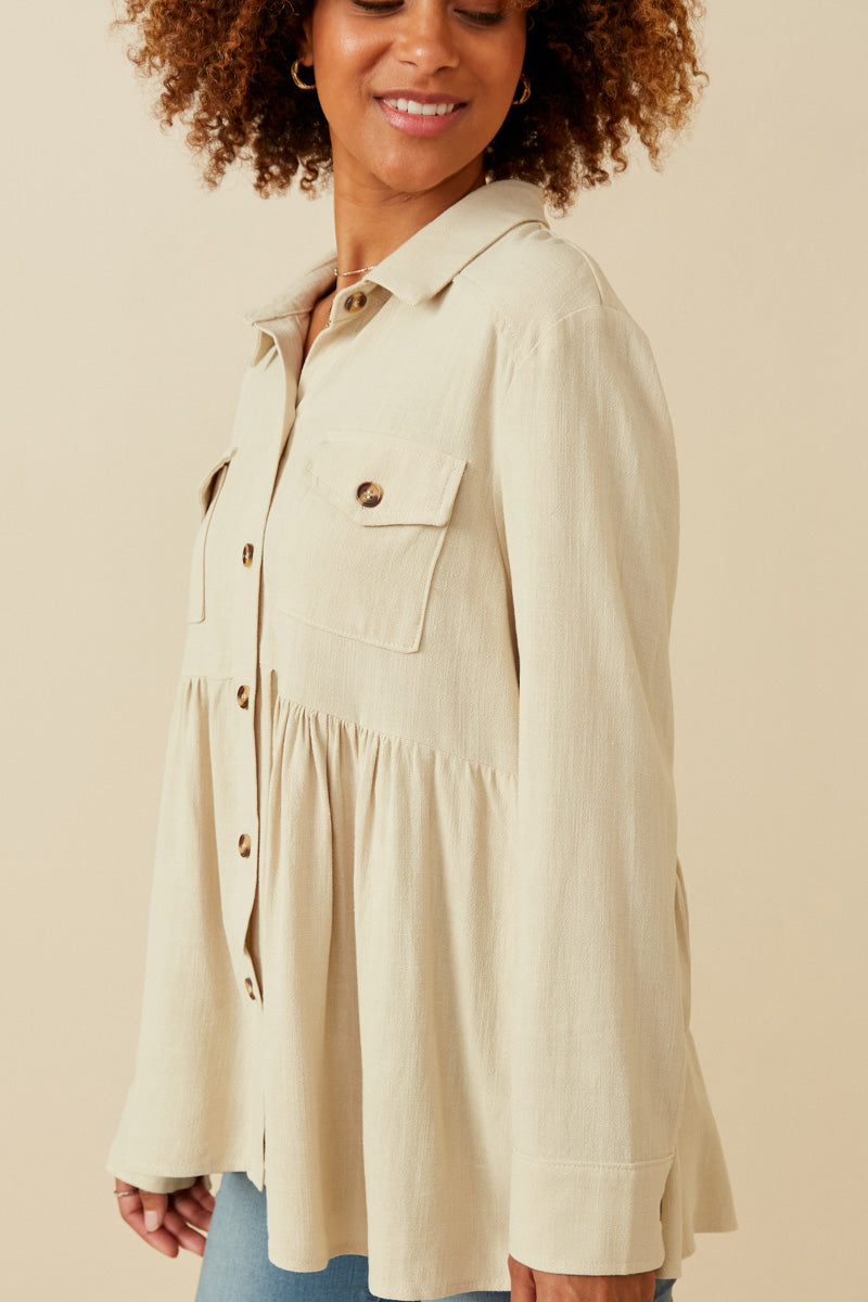 HY6540 Olive Womens Linen Blend Peplum Button Up Shirt Side