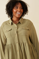 HY6540W Taupe Plus Linen Blend Peplum Button Up Shirt Full Body