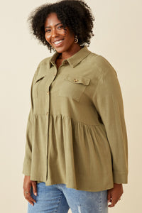 HY6540W Taupe Plus Linen Blend Peplum Button Up Shirt Side