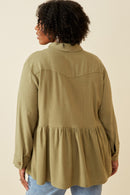 HY6540W Taupe Plus Linen Blend Peplum Button Up Shirt Back