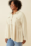 HY6540W Olive Plus Linen Blend Peplum Button Up Shirt Full Body