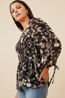 HY6542W BLACK Plus Textured Floral Chiffon Smocked Square Neck Top Back