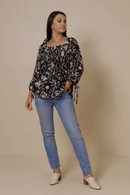 HY6542W BLACK Plus Textured Floral Chiffon Smocked Square Neck Top Full Body