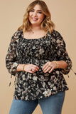 Textured Floral Chiffon Smocked Square Neck Top