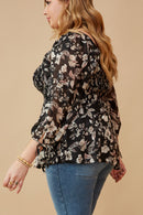 HY6542 Black Womens Textured Floral Chiffon Smocked Square Neck Top Side