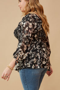 HY6542 Black Womens Textured Floral Chiffon Smocked Square Neck Top Side