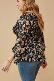 HY6542 Black Womens Textured Floral Chiffon Smocked Square Neck Top Side