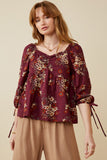 HY6545W Plum Plus Mixed Floral Tie Sleeve Sweetheart Neck Top Front