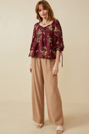 HY6545 PLUM Womens Mixed Floral Tie Sleeve Sweetheart Neck Top Full Body