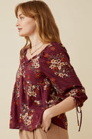 HY6545 PLUM Womens Mixed Floral Tie Sleeve Sweetheart Neck Top Side