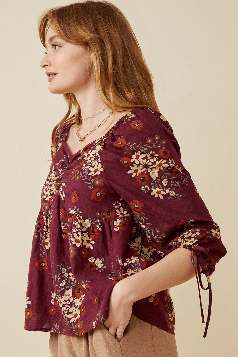 HY6545 PLUM Womens Mixed Floral Tie Sleeve Sweetheart Neck Top Side
