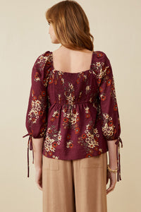 HY6545 PLUM Womens Mixed Floral Tie Sleeve Sweetheart Neck Top Back