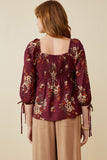 HY6545W Plum Plus Mixed Floral Tie Sleeve Sweetheart Neck Top Front