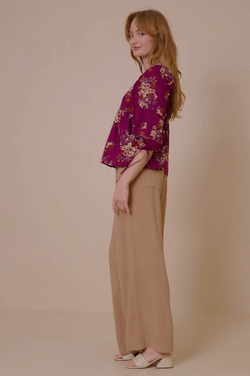 HY6545 Plum Womens Mixed Floral Tie Sleeve Sweetheart Neck Top GIF