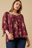 HY6545 PLUM Womens Mixed Floral Tie Sleeve Sweetheart Neck Top Front