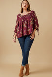 HY6545W Plum Plus Mixed Floral Tie Sleeve Sweetheart Neck Top Gif